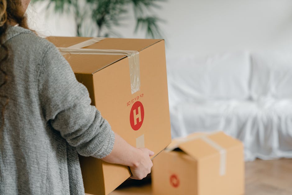 A person wearing a grey knitted sweater is holding a large cardboard box sealed with brown packing tape, marked with a red 'H' symbol, in an indoor setting. The individual is gripping the box with bot